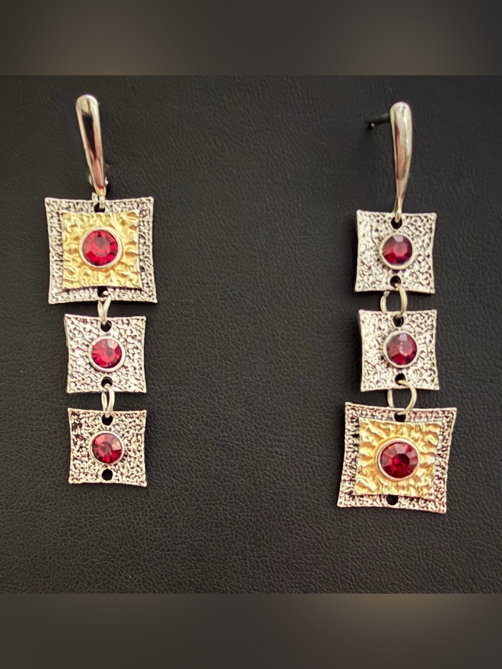 Asymmetrical Mixed Metal Earrings – Textured Silver & Gold Squares w/Red Stones